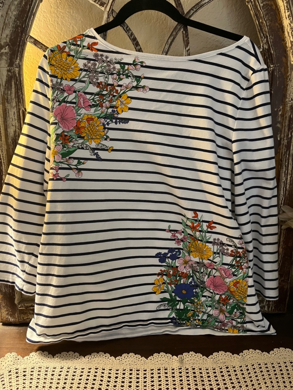 Talbots White and Navy Striped Cotton-Blend Tee